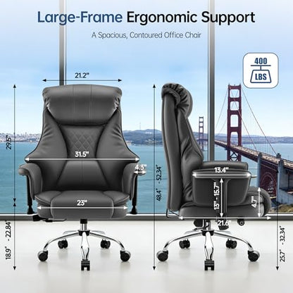 Big and Tall Office Chair - Executive High Back Leather Office Desk Chair with Adjustable Lumbar Support - Ergonomic Comfortable Heavy Duty Computer Gaming Chair with Padded Arms & Wide Seat - color: Grey