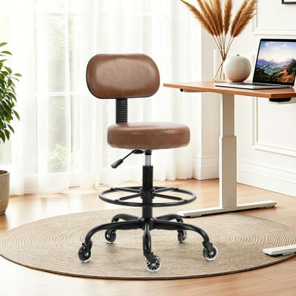 Finnhomy Drafting Chair with Footrest, Tall Office Chair with Back Support, Adjustable Seat Height (22"-30") Heavy Duty Stool with Wheels for Home Kitchen Bar Tattoo Spa Salon Desk, Brown - color: Brown
