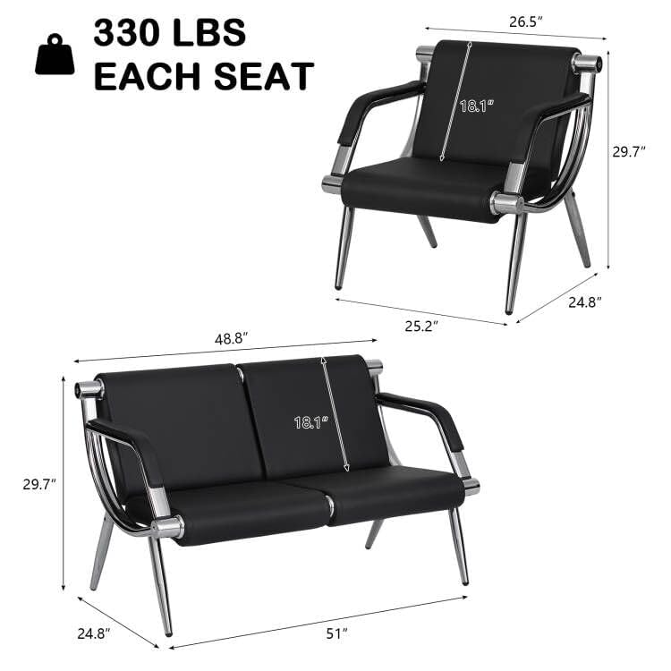 Kinsuite 4-Seat Waiting Room Chairs with PU Leather - 3Pcs Office Waiting Room Chair Reception Bench, for Airport Office Hospital School Bank, Black - size: 1-seat*2+2-seat
