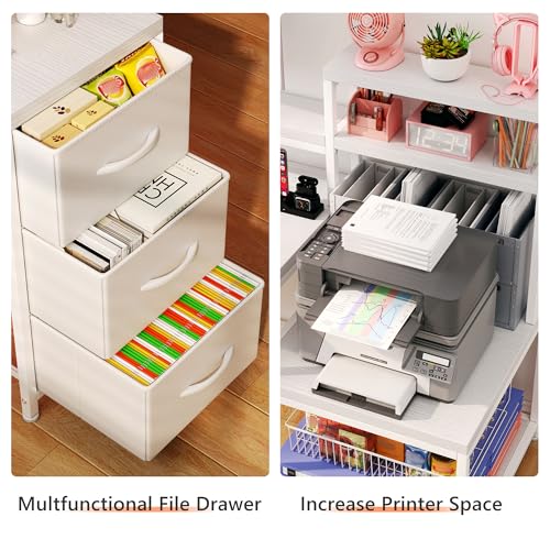 EnHomee71 White L Shaped Desk with Drawers,Printer Shelf for Home Office | 3 Fabric Drawers, Printer Stand & Shelves; Organize Office and Study Supplies for Tidy Bedroom & Study Space,White - color: White