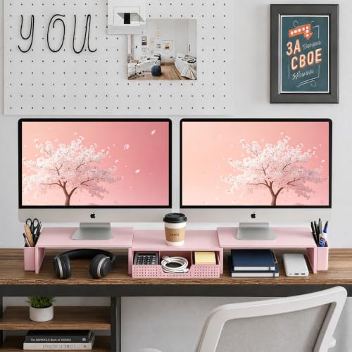 LEKETREE Dual Monitor Stand Riser with Drawer and 2 Pen Holders, Pink - color: Pink