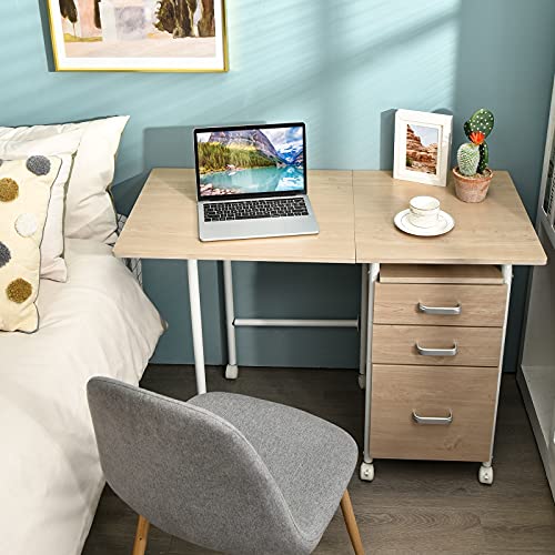 Tangkula Folding Computer Desk with 3 Storage Drawers, Mobile Home Office Desk Study Writing Desk with Smooth Wheels, Space Saving Compact Desk for Dorm Apartment, Rolling Folding Desk Table - color: Natural