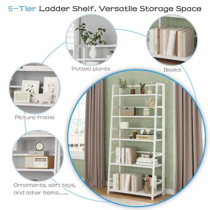 JSB 5 Tier Bookshelf, No Assembly Folding Ladder Bookshelf, 51.6in Tall Foldable Ladder Shelf, Bookcase for Home Office, Living Room,Space-Saving (All White, 5 Tier) - color: All White