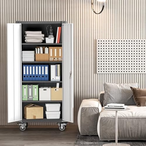 Rolling Garage Storage Cabinet with Locking Door and Shelves, 71''H Lockable Metal Storage Cabinet on Wheels, Steel Tool Cabinet for Warehouse, Basement, Utility Room, Black&Gray - size: Large