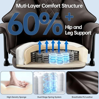 Big and Tall Office Chair - Executive High Back Leather Office Desk Chair with Adjustable Lumbar Support - Ergonomic Comfortable Heavy Duty Computer Gaming Chair with Padded Arms & Wide Seat - color: Brown