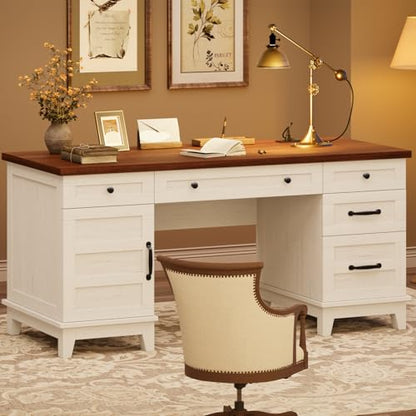 GarveeHome Executive Desk with File Drawers, Farmhouse Home Office Desk with Charging Station, 60 in Wooden Computer Desk with Cabinet Storage for Work Study Writing, White Walunt - color: White Walunt