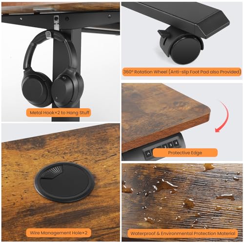 55 x 24 in Electric Standing Desk Adjustable Height, Sit Stand Home Office Rolling Computer Desk with 35 x16 in Mouse Pad, Wheels and Hooks，27''-46'' Lifting Range Stand up Desk(Brown) - color: Brown, size: 55 x 24''