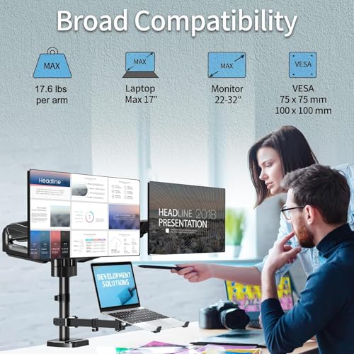 MOUNTUP Dual Monitor and Laptop Mount, Adjustable Monitor Stand for 2 Max 27" Computer Screens, Laptop Tray Fits 10-17inch Notebook, Holds 4.4-17.6lbs Per Arm, 3-in-1 Adjustable Monitor Desk Mount - size: Triple-With Pole