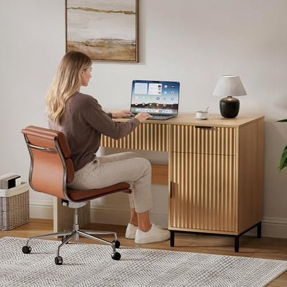 47" Executive Desk with Fluted Drawers, Wooden Home Office Desk with Storage Cabinet, Charging Station, Metal Legs Modern Farmhouse Computer Desk for Work, Study Natural Oak - color: Natural Oak