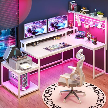 EnHomee 56" L Shaped Desk with Power Outlets & LED Lights for Bedroom,White - color: White, size: 56"W