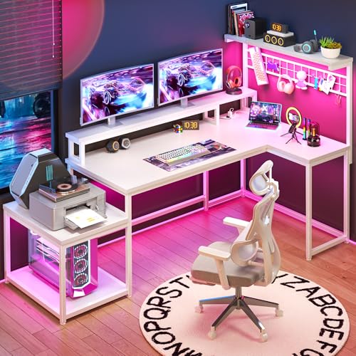 EnHomee 56" L Shaped Desk with Power Outlets & LED Lights for Bedroom,White - color: White, size: 56"W
