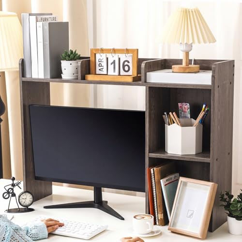 Briwooody Dorm Desk Bookshelf Desk Hutch Organizer with 5 Shelves and 3 Tier Desktop Hutch Storage Organizer for College Dorm Home Office Supply, 32.5 x 23.5 x 8 Inch(Grey) - color: Grey