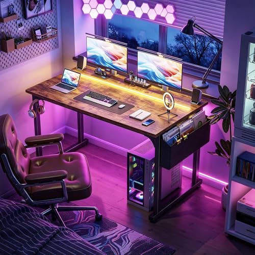 DurayLoly 48" Computer Desk with Waterproof LED Lights for Bedroom,Brown - color: Rustic Brown, size: 48 IN