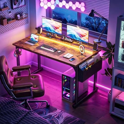 DurayLoly 48" Computer Desk with Waterproof LED Lights for Bedroom,Brown - color: Rustic Brown, size: 48 IN