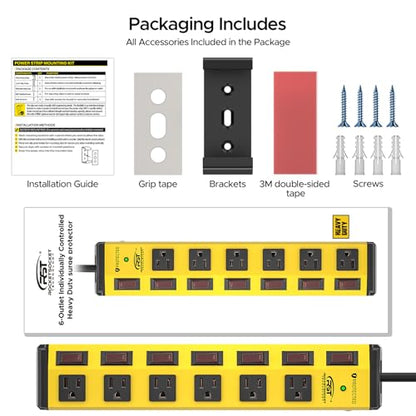 CRST 6-Outlet Metal Power Strip with Individual Switches 15A/1875W, 15FT - color: Yellow, size: 15FT