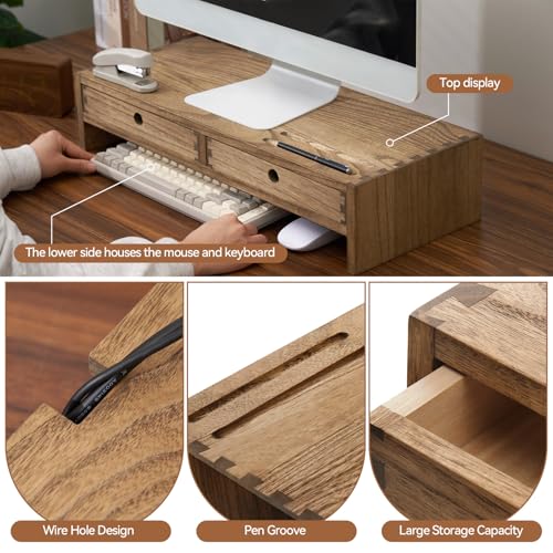 KIRIGEN Solid Wood Monitor Stand with 2 Drawers, Desk Riser, Brown PMJ-DBR