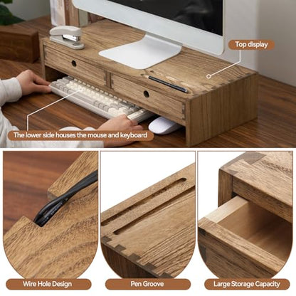 KIRIGEN Solid Wood Monitor Stand with 2 Drawers, Desk Riser, Brown PMJ-DBR