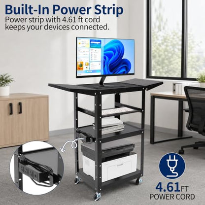 Mobile AV Cart with Power Outlet Adjustable Computer Workstation | Steel Rolling Media Utility Cart with Fold Side Shelves,Pullout Keyboard Tray,Locking Casters for Office Classroom Home - size: 24x18x41.75in