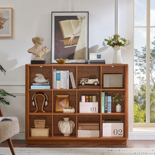 Joaxswe 12 Cube Storage Organizer, 41" Wide Large Bookshelf with Curved Edge, Wood Floor Standing 3-Tier Cubby Bookcase w/Base, Rustic Display Storage Cabinet, Book Case for Home Office, Brown - color: Brown, size: 12 Cube (11.81"D x 52.75"W x 41"H)