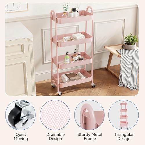NEWBULIG 4-Tier Metal Rolling Storage Utility Cart with Lockable Wheels - color: Pink, size: 4 Tier