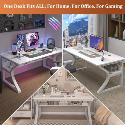 47'' Computer Desk Home Office Desk, Modern Computer Desk w/U Shaped Metal Frame, Storage Shelves, PC Table Study Writing Desk Workstation for Home Office (47inch/White) - size: 47inch/white