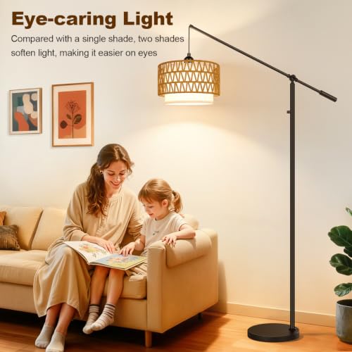 【Upgraded】Boho Dimmable Floor Lamps with Adjustable Swing Arm, 1100 Lumens Bulb Included, Modern Standing Lamp with Rattan & Fabric Shades, Rattan Tall Arc Floor Lamp for Living Room Bedroom, Black - color: Farmhouse-Matte Black