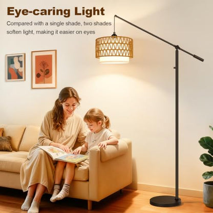 【Upgraded】Boho Dimmable Floor Lamps with Adjustable Swing Arm, 1100 Lumens Bulb Included, Modern Standing Lamp with Rattan & Fabric Shades, Rattan Tall Arc Floor Lamp for Living Room Bedroom, Black - color: Farmhouse-Matte Black