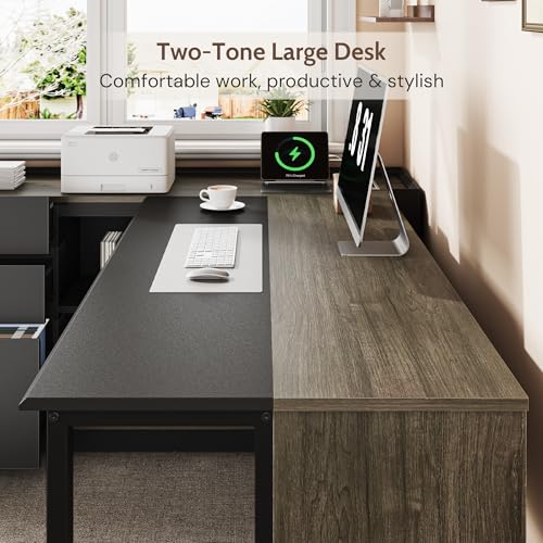 70" Executive Desk with Cabinet Storage, L-Shaped Office Desk with 3 Drawers and Shelves, Large Computer Desk Business Furniture for Home Office (Gray & Black)