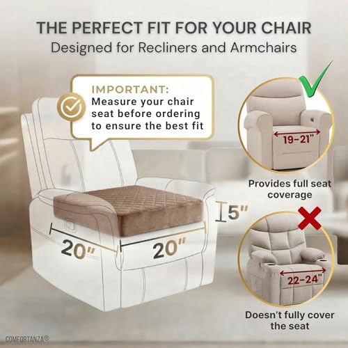 Large Soft 20x20x5 Polyurethane Foam Recliner Chair Seat Cushion for Long Sitting - Washable Velvety Cover with Waterproof Layer, Non-Slip Base - Tailbone Pain & Pressure Relief - Brown - color: Brown, size: 20x20x5"