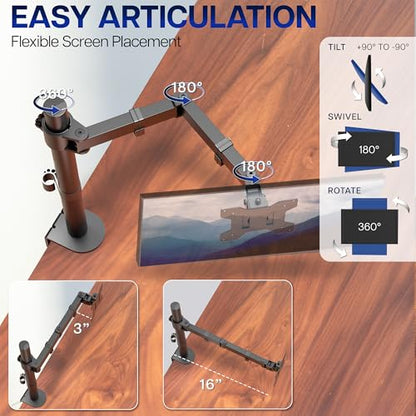 VIVO Single 13 to 38 inch Ultrawide Monitor Arm Desk Mount, Regular Screens up to 32 inches, 22 lbs capacity, Fully Adjustable Stand with C-Clamp and Grommet Base, Black, STAND-V001 - color: Black, size: 16" tall