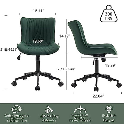 YOUTASTE Dark Green Armless Office Chair, Modern Adjustable Swivel Desk Chair with Wheels, Upholstered PU Leather, Black Metal Legs, Back Support for Home Office, Study, Vanity, Bedroom - color: Dark Green