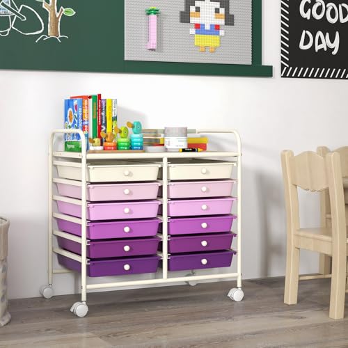 LDAILY Rolling Storage Cart with 12 Drawer for Classroom Storage, Purple - color: Gradient Purple, size: 12 Drawer