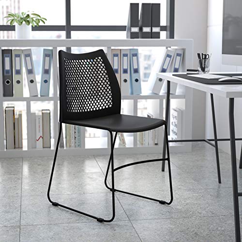 EMMA + OLIVER Home and Office Navy Sled Base Stack Chair with Air-Vent Back - color: Navy
