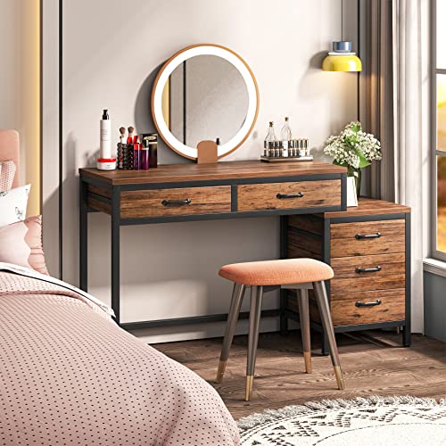 Tribesigns Computer Desk with 5 Drawers, Reversible Home Office Desks - color: Rustic Brown