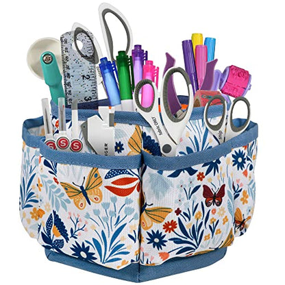 SINGER 360 Rotating Sewing Organizer Caddy, Butterfly Floral Desk Storage | 360-degree rotating desktop organizer with 4 padded compartments and 6 outer pockets; keeps thread, tools and notions handy