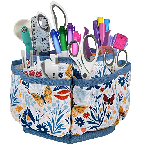 SINGER 360 Rotating Sewing Organizer Caddy, Butterfly Floral Desk Storage | 360-degree rotating desktop organizer with 4 padded compartments and 6 outer pockets; keeps thread, tools and notions handy
