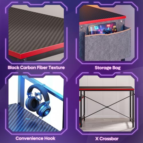 Bestier 44" Gaming Desk with LED & Storage,Gamer Desk, Carbon Fiber Black | Scratch-Resistant Laminate & Steel, 44" Desktop, X-Bar Frame with Foot Rest, 150 lb Capacity, Home Office & Game Room Ready - color: Black Carbon Fiber, size: 44 Inch