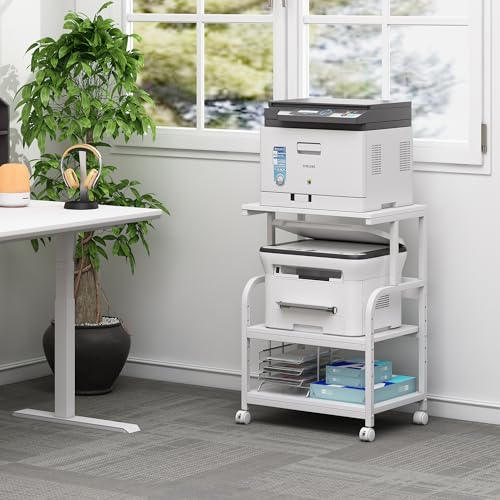 Fannova White Printer Stand with Storage, 3 Tier Printer Table with Height Adjustable Shelf, Rolling Printer Cart with Wheels for Home Office Organization - color: White