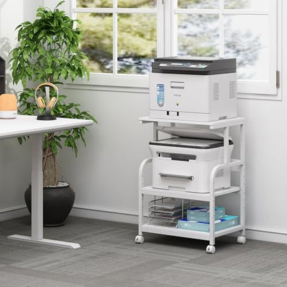 Fannova White Printer Stand with Storage, 3 Tier Printer Table with Height Adjustable Shelf, Rolling Printer Cart with Wheels for Home Office Organization - color: White