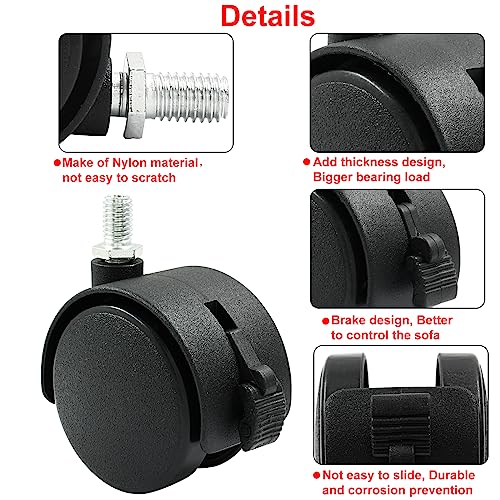 4 Pack 2 Inch Caster Wheel, M8 Threaded Stem, Black Nylon - style: 2 Inch with brake(4 Pack)