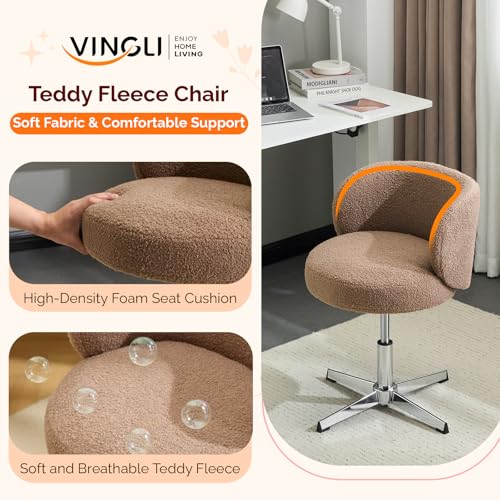 VINGLI Cute Small Swivel Desk Chair Comfy no Wheels,Ergonomic Low-Back Lumbar Support Vanity Nail Tech Computer Task Stool Chair for Home Office,Height Adjustable,Teddy Fleece,Brown - color: Brown-teddy Fleece, style: No wheel