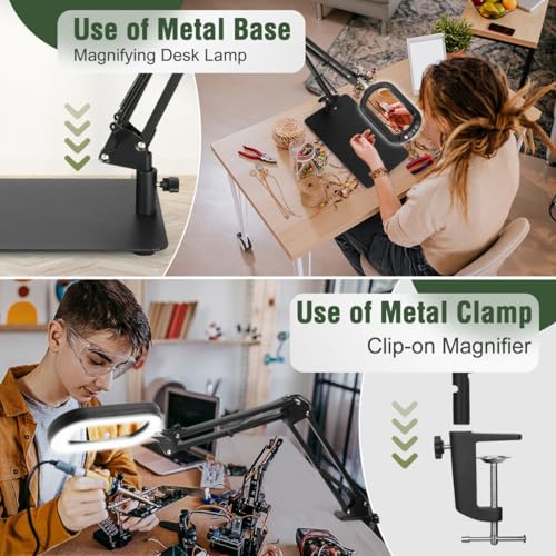 Veemagni 12X Rectangle Magnifying Glass with Light and Stand, 5 Color Modes Stepless Dimmable, 2-in-1 LED Lighted Desk Lamp & Clamp, Hands Free Magnifier for Reading Crafts Repair Painting Close Work
