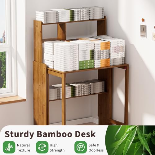 Folding Desk for Small Spaces, Bamboo Foldable Desk with Bookshelf, Brown - color: Brown, size: 47.24"H x 21.65"D x 32.28"W
