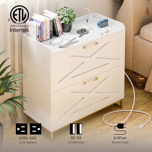 Vabches 2 Drawer Lateral File Cabinet with Charging Station, White and Gold - color: White