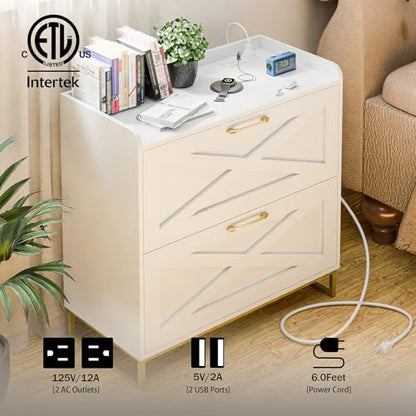 Vabches 2 Drawer Lateral File Cabinet with Charging Station, White and Gold - color: White