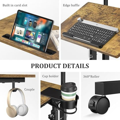 Simple Deluxe Split Top Rotating Standing Desk on Wheels – 23.6" Manual Adjustable Height Mobile Laptop Computer Table – Sit Stand Rolling Workstation with Tilt Function – Brown - color: Brown