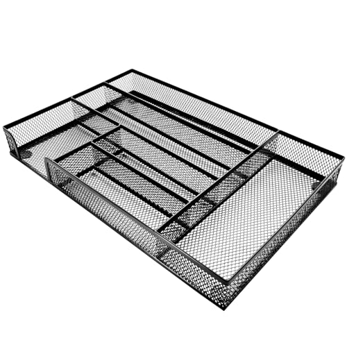 Desk Drawer Organizer Metal Mesh Drawer Organizer Tray for Office School or Home Supplies Desktop Storage Stationery，6 Compartments, 12.6 x 8.27 x 1.57 inch，Black (1pc pack)