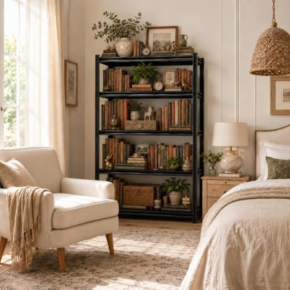 Heavy Duty 4 Tier Metal Book Shelf Adjustable Bookcase | 2400 LBS Bolt-free Storage Shelves with Deep Bookshelf for living Room, Office and Garage Storage, 13.8"Wx 11.8"Dx 45"H - size: 4 Tier-13.8"Wx 11.8"Dx 45"H