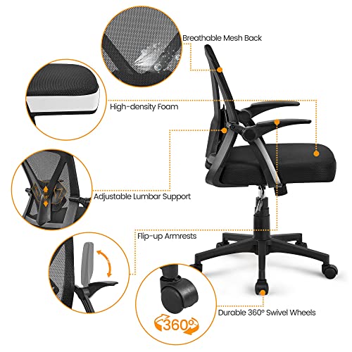 Yaheetech Mid-Back Mesh Task Office Desk Chair with Flip-up Arms, Black | Breathable mesh back and foam-padded seat for all-day comfort; sturdy metal frame, height adjustable, and easy to assemble - color: Black, style: Contemporary