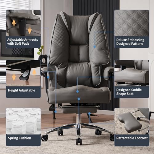 EXCEBET Big and Tall Office Chair 400lbs Wide Seat, Leather High Back Executive Office Chair with Foot Rest, Ergonomic Chairs Lumbar Support for Lower Back Pain Relief (Grey) - color: Grey